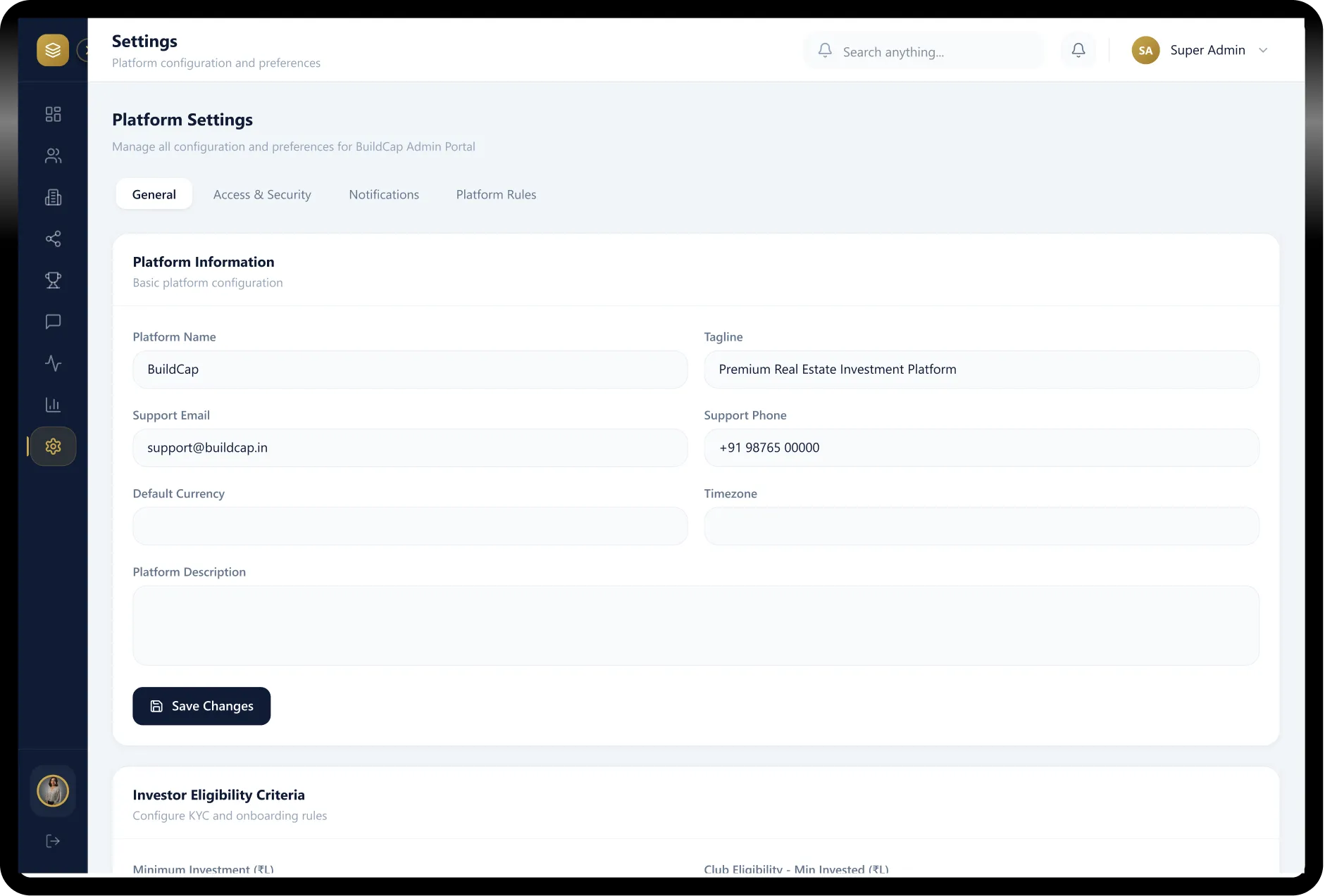 Admin Settings Screen